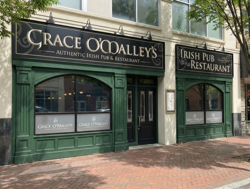 Street façade of Grace O’Malley’s Irish Pub & Restaurant in Norfolk, Virginia, showing green painted timber frontage, signage, and entrance.
