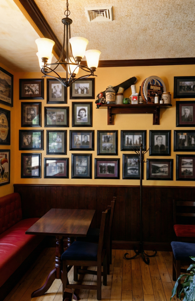Seating niche in Grace O’Malley’s Irish Pub in Norfolk, Virginia, featuring timber wainscoting, upholstered bench seating, framed photographs, and warm pendant lighting.