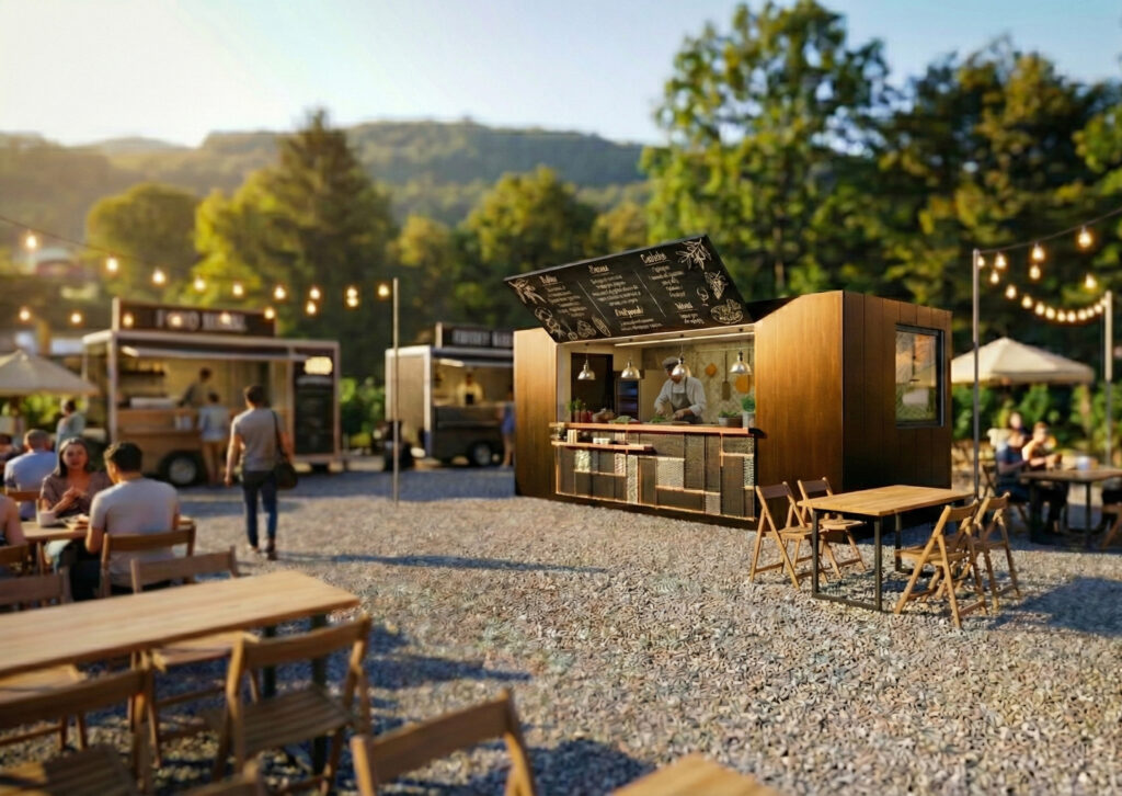 Shipping container pizza kiosk in a food court setting with outdoor seating and customers in Austria.